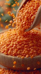 Red lentils close up vegan ingredients for cooking healthy food
