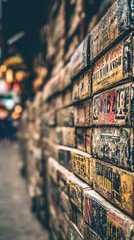 Vintage wooden crate wall, vintage wooden crate wall with retro labels, vintage wooden crate wall in urban street photography