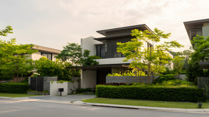 A contemporary residential house with clean architectural lines, bathed in soft daylight, reflecting sustainable living.