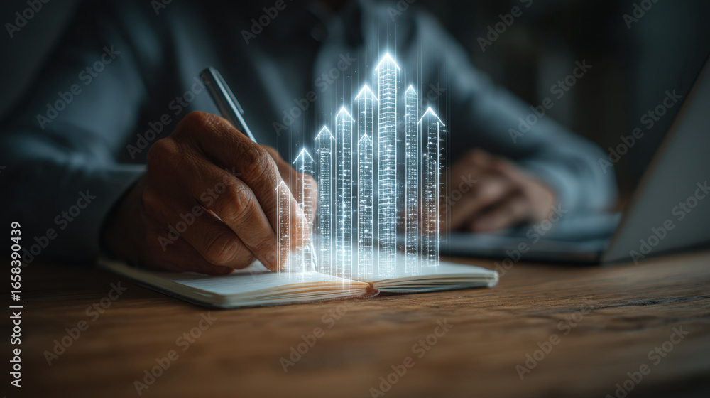 Poster person is writing in notebook while digital graph of rising skyscrapers appears above page, symboliz