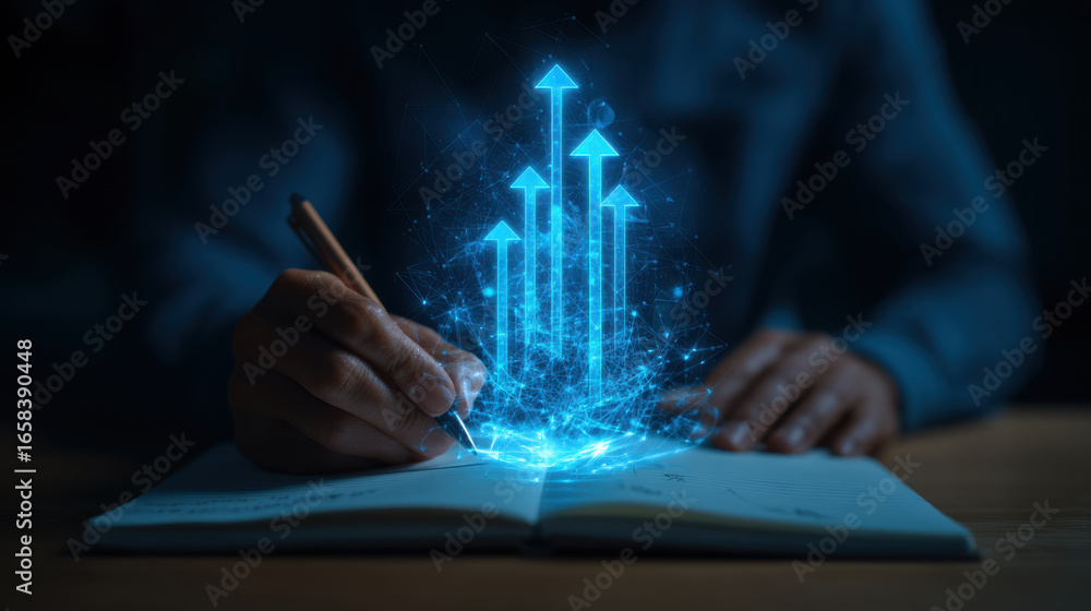 Poster person writing in notebook with glowing upward arrows symbolizing growth and progress, creating sens