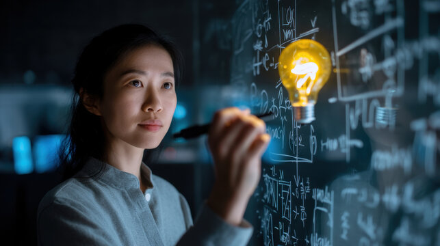 Innovative woman writing equations on glass board, illuminated by glowing light bulb, symbolizing creativity and inspiration in science and technology
