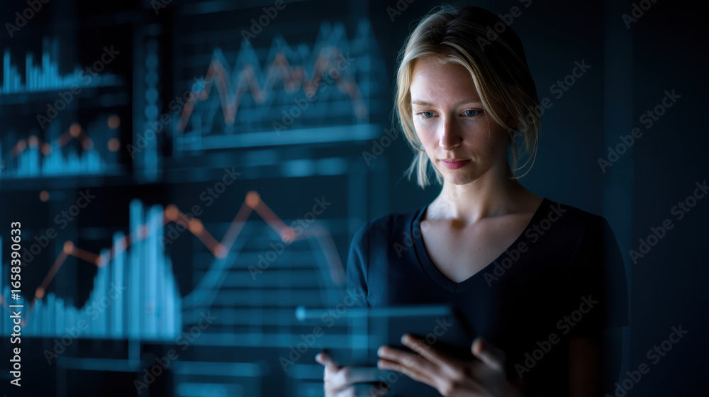 Poster young woman interacts with digital tablet, surrounded by glowing data visualizations and graphs. sce