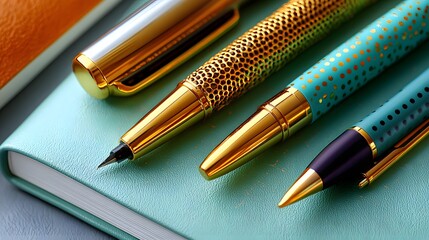 Closeup of Elegant Writing Instruments on a Textured Notebook in a Professional Setting