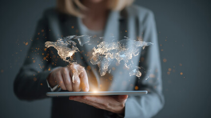 Business professional interacts with digital tablet, showcasing glowing world map above device. image conveys innovation, technology, and global connectivity, emphasizing importance of digital