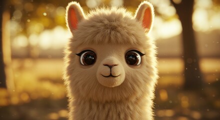 Obraz premium Adorable, light-furred llama with big brown eyes gazing forward amid a soft, blurry natural setting