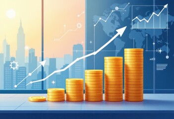 Ascending stacks of gold coins against a city skyline backdrop, overlaid with upward trending graphs and world map, symbolizing financial growth and global success