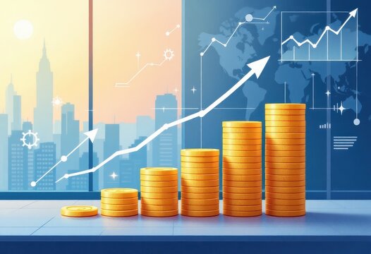 Ascending stacks of gold coins against a city skyline backdrop, overlaid with upward trending graphs and world map, symbolizing financial growth and global success