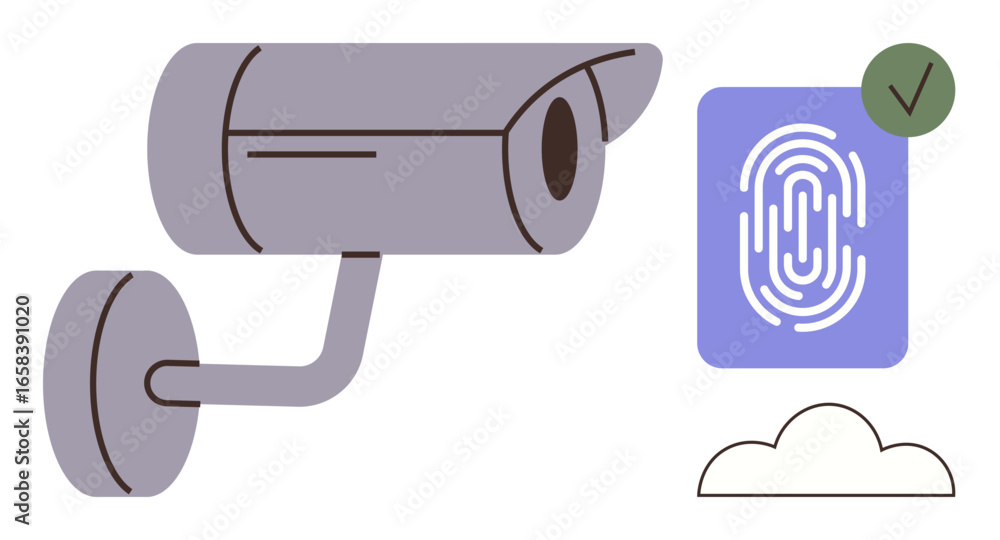 Poster security camera, fingerprint authentication, and cloud icon with checkmark convey monitoring, identi