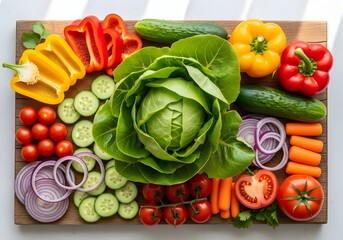 Assortment of fresh vegetables with lettuce arranged on a wooden board for healthy eating