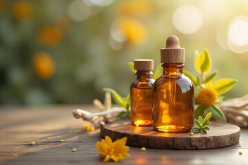 Essential Oil Bottles with Flowers on Wooden Surface in Natural Light