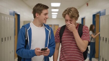 Two smiling teen boys in school hallway look at phone lockers and student visible - Powered by Adobe