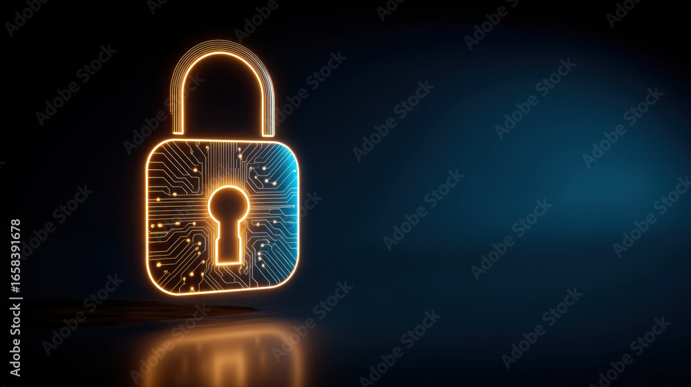 Poster glowing digital padlock symbolizes cybersecurity and data protection, showcasing blend of technology