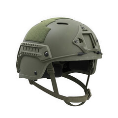 Fototapeta premium Modern tactical military helmet, olive green color, designed for combat protection and soldier safety, isolated on transparent background