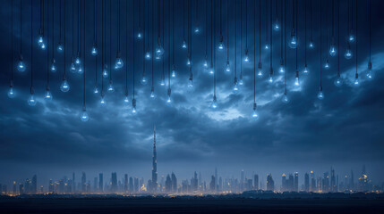 Fototapeta premium Stunning city skyline illuminated by hanging light bulbs against dramatic night sky filled with clouds. scene captures essence of urban beauty and innovation, showcasing blend of modern