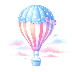 Naklejka premium Patriotic Hot Air Balloon Illustration with American Flag and Stars on White Background - Vintage Style Design