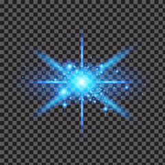 Bright light-blue starburst effect with glowing sparkles and radiating streaks in cross pattern on transparent checkerboard background, abstract luminous energy flare illustration