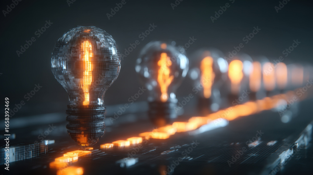 Poster illuminated light bulbs with glowing filaments create captivating visual effect against dark backgro