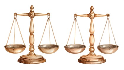Watercolor Painting of Two Antique Brass and Wood Balance Scales on White