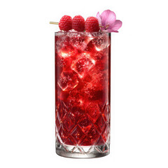 Refreshing raspberry cocktail with fresh berries and flower garnish isolated on transparent background