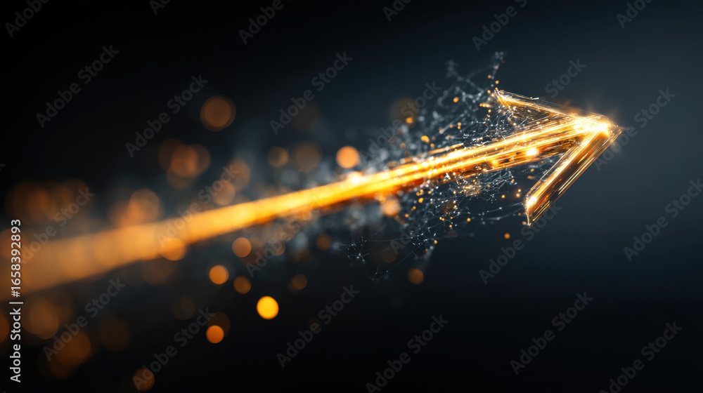 Poster dynamic arrow design with glowing particles and light trails, symbolizing progress and direction. vi