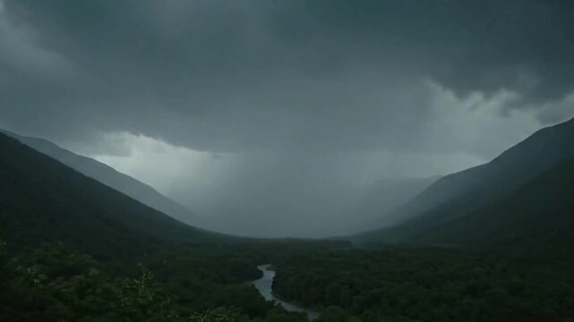 Close-Up Shot of Cloudburst in Mountain Valley &ndash; Extreme Weather and Natural Disaster Footage