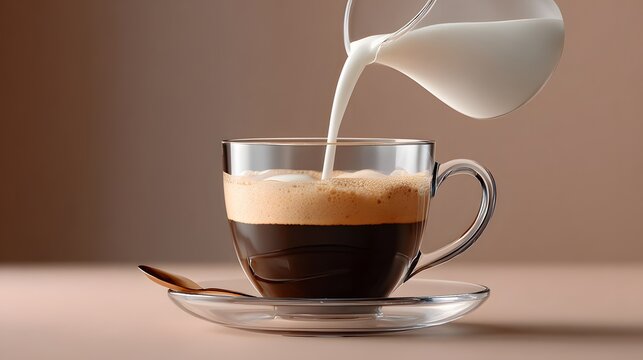 Stream of Milk Pouring into a Glass Cup of Coffee with Frothy Topping on a Neutral Background