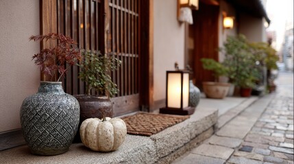 Fototapeta premium 秋の夜に訪れる和風のハロウィン、静かな通りに並ぶランタンとカボチャ