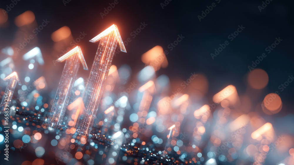 Poster dynamic upward arrows symbolize growth and progress, illuminated with vibrant colors against blurred