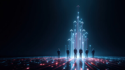Image depicts group of individuals standing front of futuristic, illuminated graph with upward arrows, symbolizing growth and progress digital landscape. atmosphere conveys sense of innovation