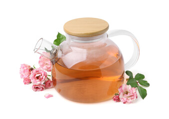 Tasty rose tea in glass teapot, flowers and leaves isolated on white