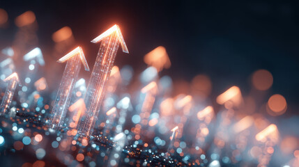 Dynamic upward arrows symbolize growth and progress, illuminated with vibrant colors against blurred background. This conveys sense of optimism and forward momentum in business or finance