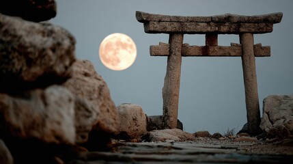 Fototapeta premium 神秘的な月の下での鳥居と秋の雰囲気