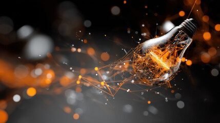Glowing light bulb surrounded by abstract lines and particles, symbolizing creativity and innovation. vibrant orange and black background enhances futuristic feel of image