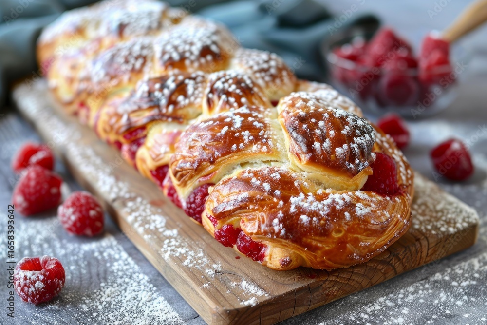 Poster freshly baked raspberry braid sprinkled with powdered sugar, creating a tempting dessert