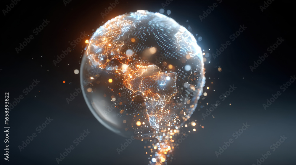 Poster glowing globe with intricate network patterns and luminous particles represents global connectivity 