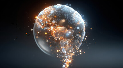 Glowing globe with intricate network patterns and luminous particles represents global connectivity and technology. vibrant colors and dynamic light effects evoke sense of innovation and progress