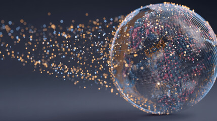 Digital globe with glowing particles represents global connectivity and technology. intricate design showcases network of data points, symbolizing flow of information across world
