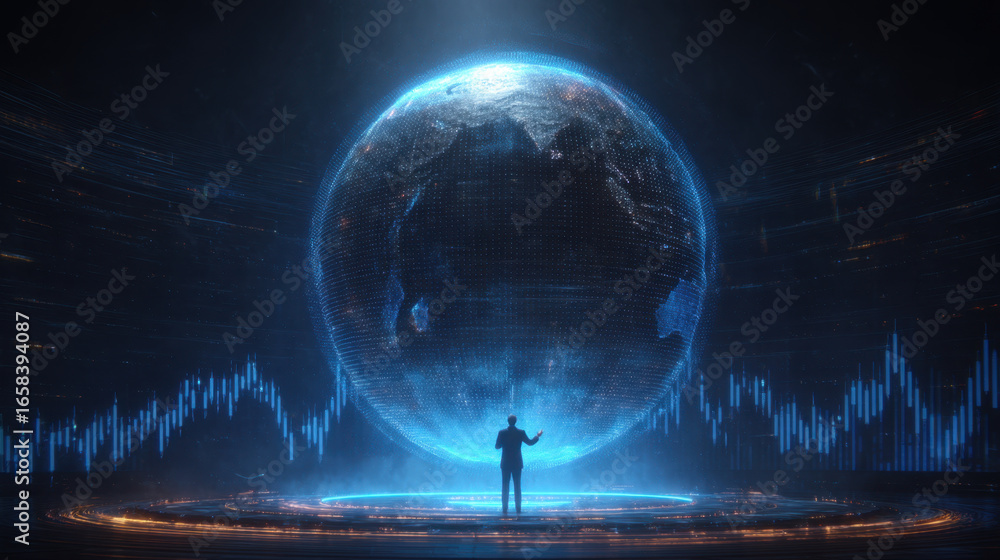Poster person stands in front of glowing digital globe, surrounded by data visualizations and graphs. scene