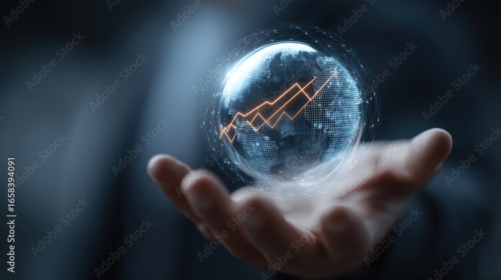 Poster person holds transparent globe with digital world map and rising graph overlay, symbolizing global g