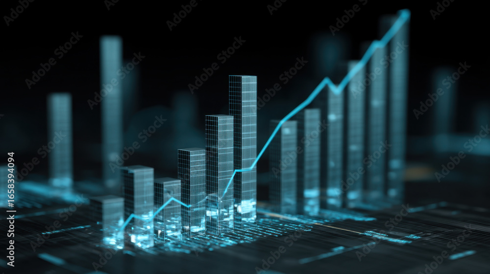 Poster digital representation of financial data with glowing bar graphs and rising line chart, symbolizing 