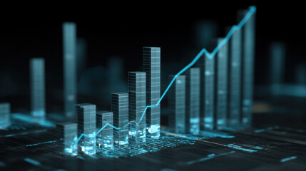 Digital representation of financial data with glowing bar graphs and rising line chart, symbolizing growth and analysis in business. futuristic design conveys innovation and technology