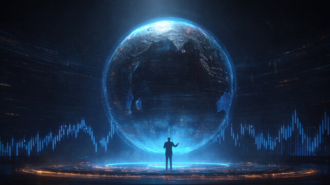 Person stands in front of glowing digital globe, surrounded by data visualizations and graphs. scene conveys sense of innovation and technology, representing global connectivity and data analysis