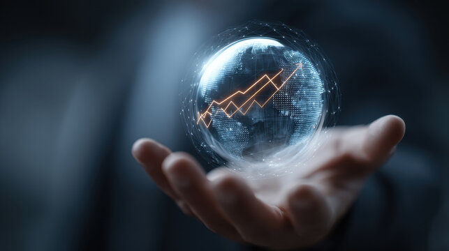 Person holds transparent globe with digital world map and rising graph overlay, symbolizing global growth and data analysis. image conveys sense of innovation and progress
