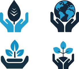 Eco-Friendly Icon Set – Hands Holding Leaf, Globe, and Plants for Sustainability, Nature, and Environment Concepts