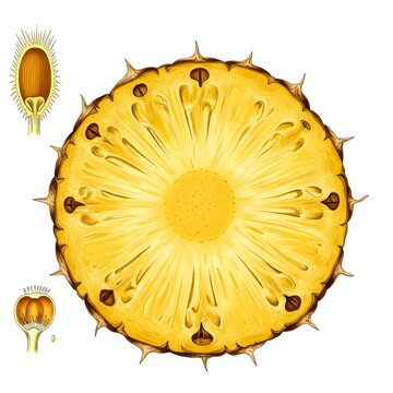 Detailed Botanical Illustration of a Pineapple Slice: Cross-Section Revealing Internal Structure and Individual Fruitlets