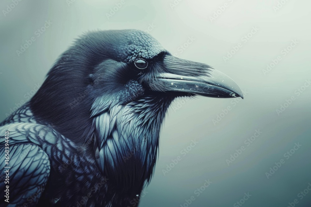 Poster close up of a raven showing its plumage and beak with a blurred background