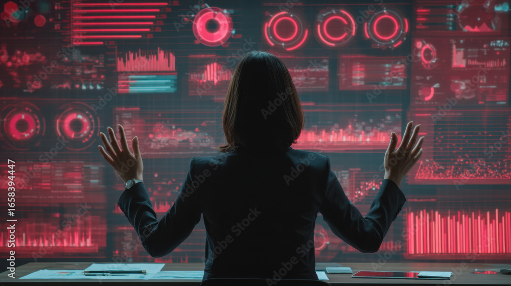Poster professional woman in suit is engaged with high tech interface displaying vibrant red data visualiza