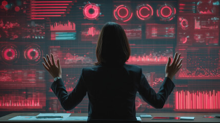 Professional woman in suit is engaged with high tech interface displaying vibrant red data visualizations. She appears focused and in control, surrounded by digital graphs and metrics