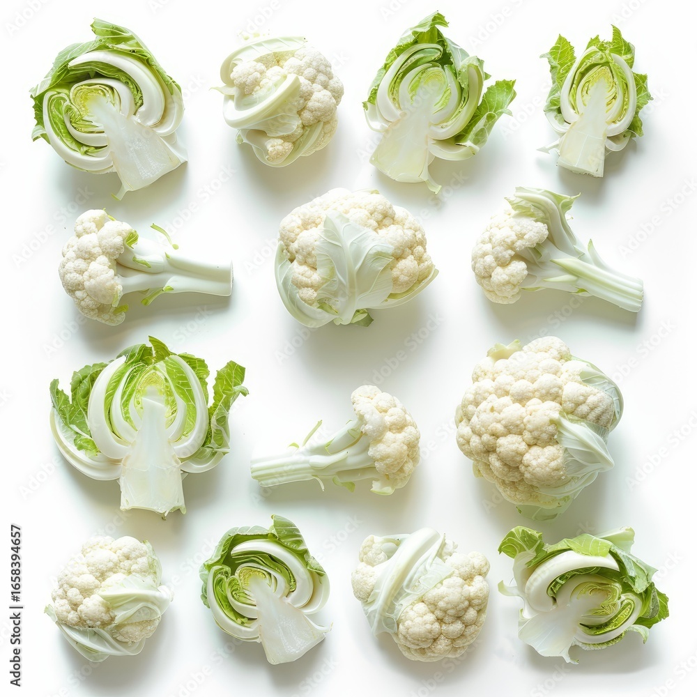 Poster fresh white cauliflower florets and cross sections creating a pattern on a white background, showcas